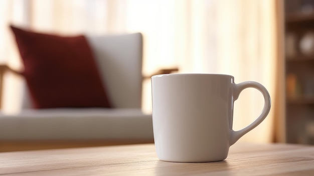 A white coffee mug sits on a table in front of a couch.