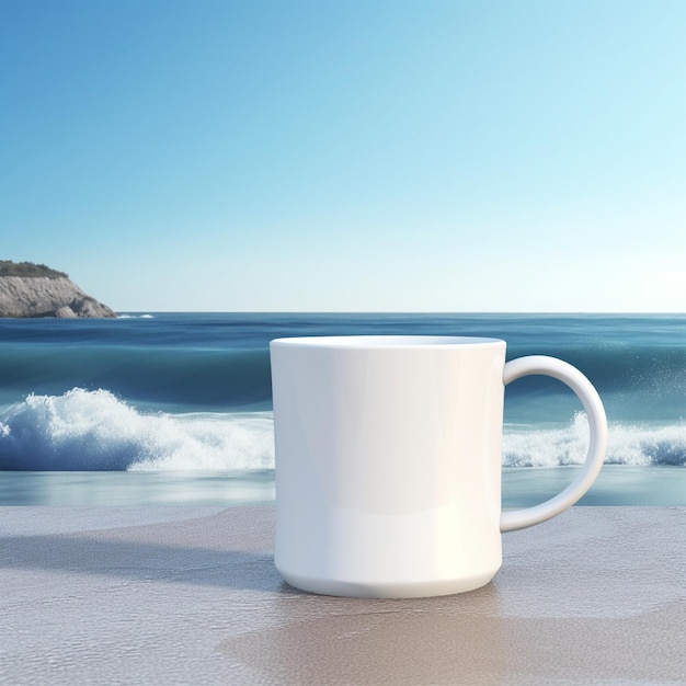 A white coffee mug sits on a table in front of the ocean.