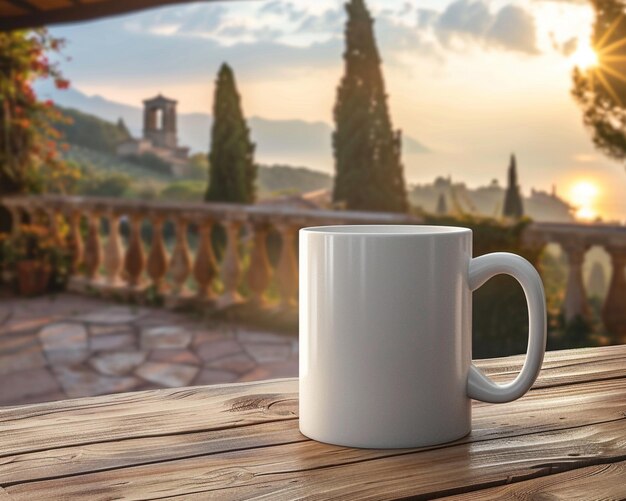 Photo a white coffee mug sits on a table outside