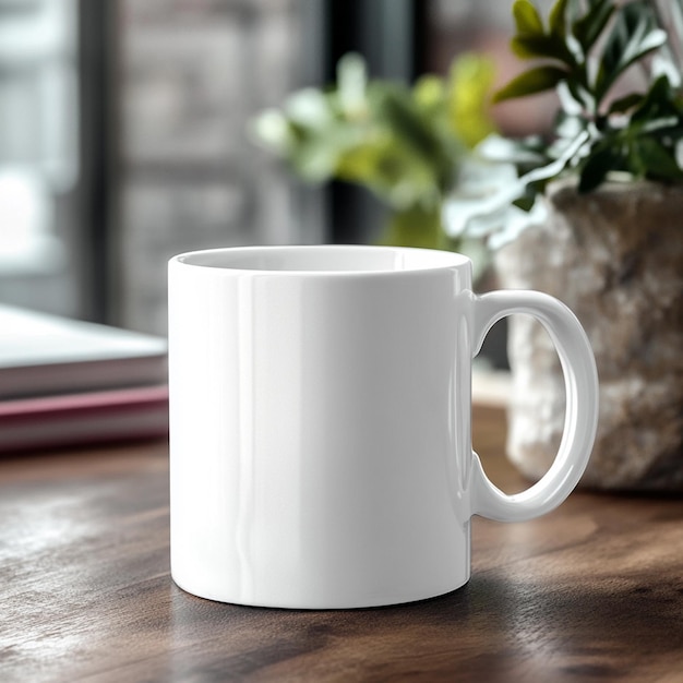 a white coffee mug sits on a table next to a potted plant