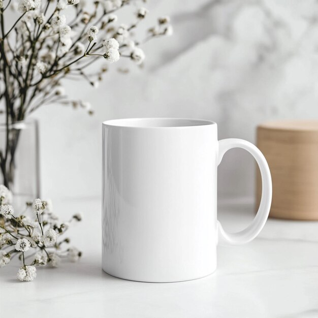 a white coffee mug sits on a white counter with flowers in the background