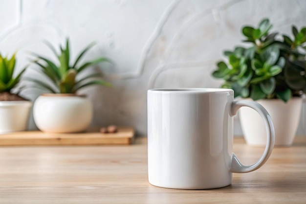 a white coffee mug sits on a wooden table next to a potted plant