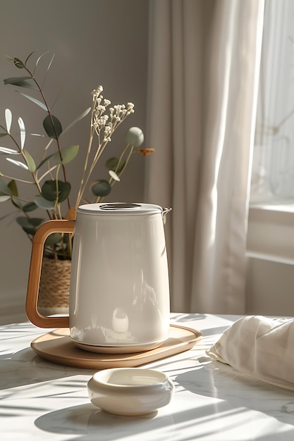 a white coffee mug sits on a wooden tray next to a flower pot