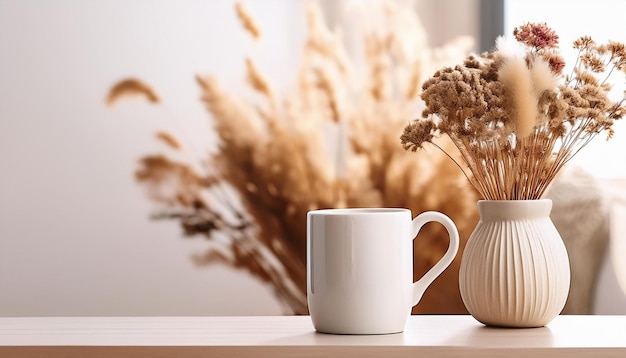 white coffee mug and small vase with dried flowers