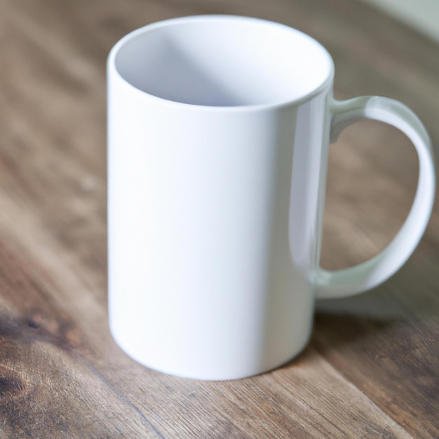 A white coffee mug standing on wooden floor