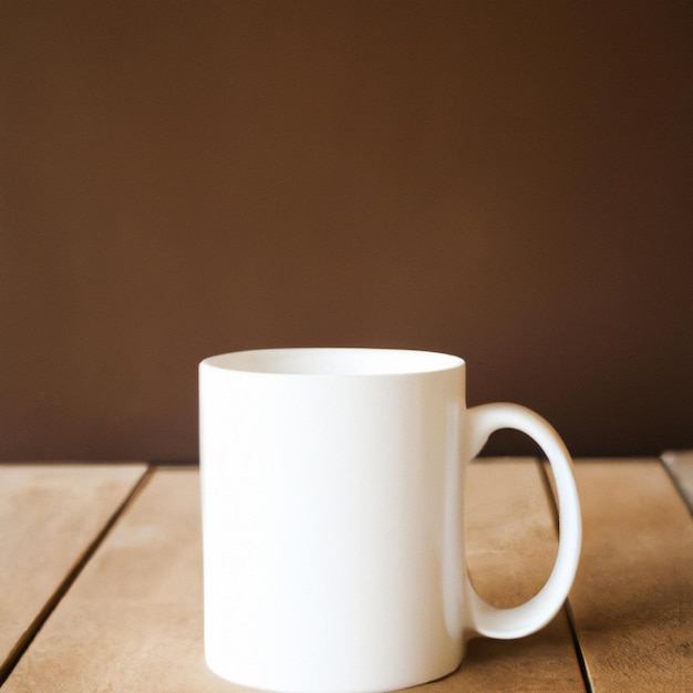 A white coffee mug standing on wooden floor