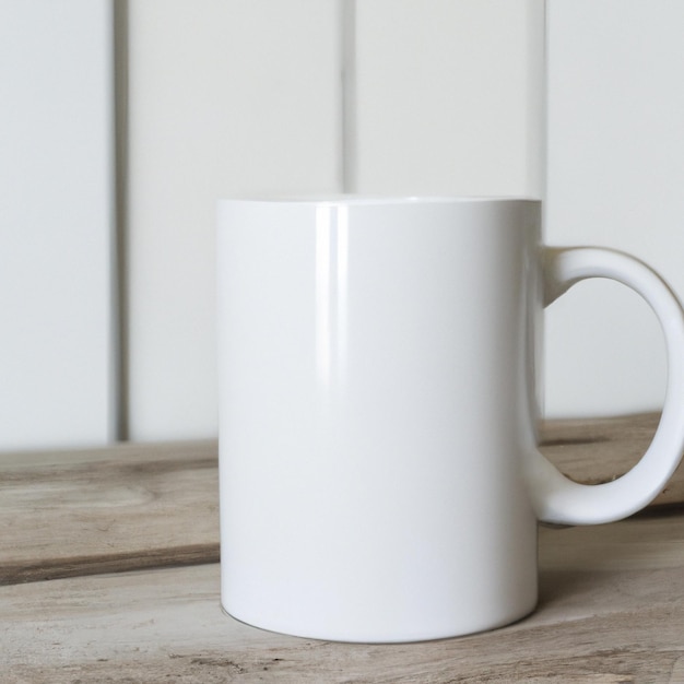 A white coffee mug standing on wooden floor