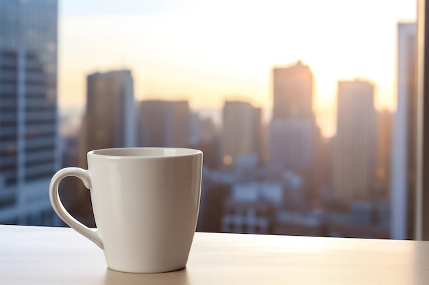 a white coffee mug on a table in front of a window