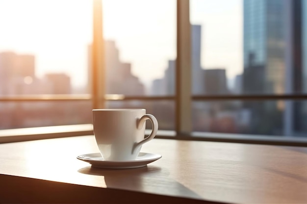 a white coffee mug on a table in front of a window