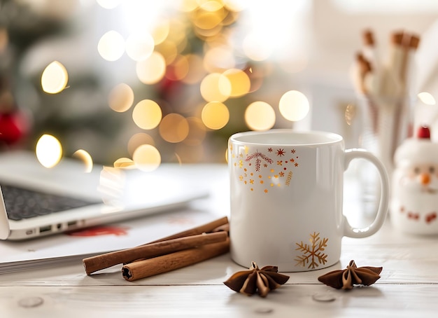 a white coffee mug with a christmas tree on the side