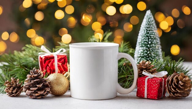 Photo a white coffee mug with a christmas tree and a white mug with a christmas tree in the background