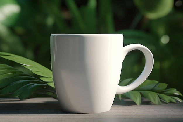 A white coffee mug with a green leaf in the background.