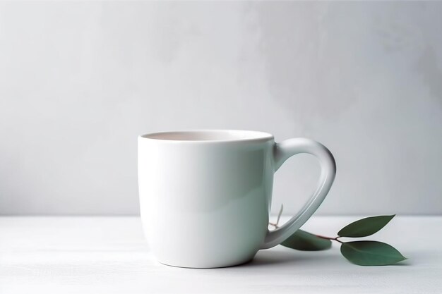 A white coffee mug with a leaf next to it