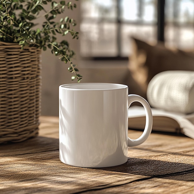 a white coffee mug with a plant in the background