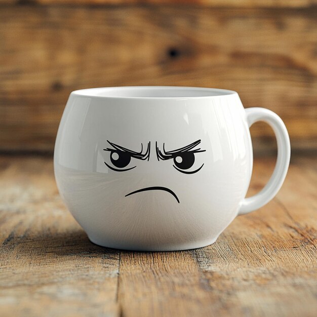 Photo a white coffee mug with a sad face on it