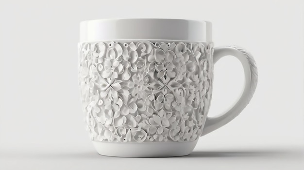 a white coffee mug with a white flower design on it