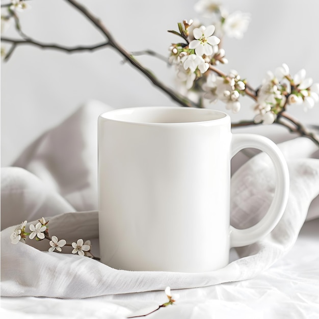 a white coffee mug with a white flower on it