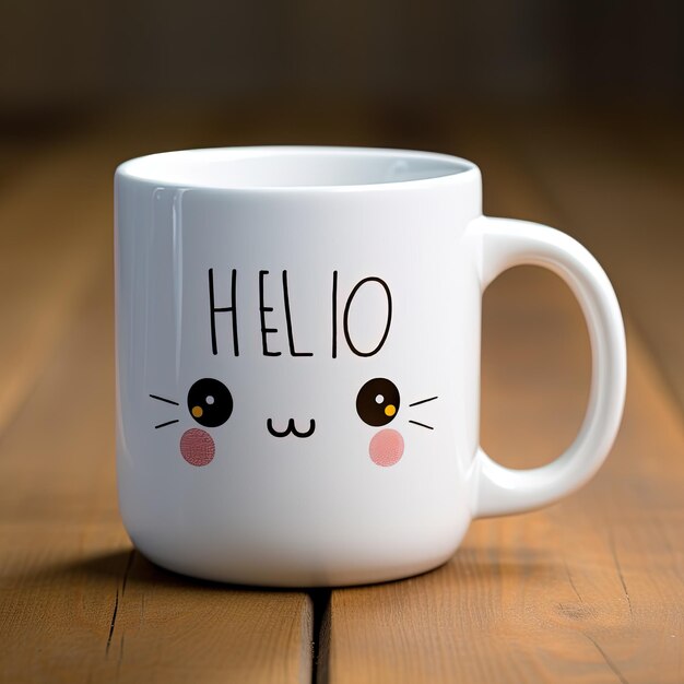 Photo a white coffee mug with the word hello on it