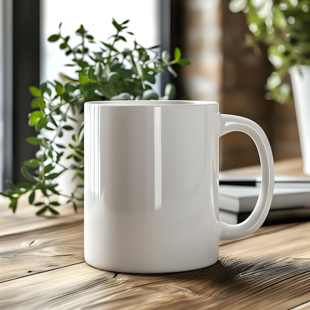 White coffee mug on wooden table with plants Generative Ai