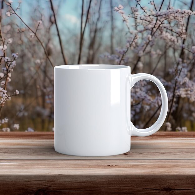 Photo a white coffee mug on a wooden table with the trees in the background