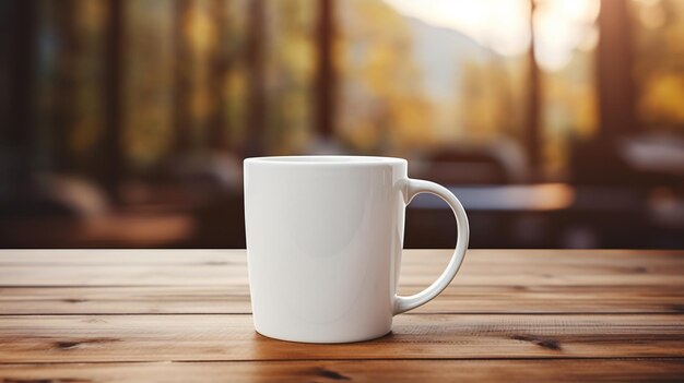 a white coffee mug on a wooden table