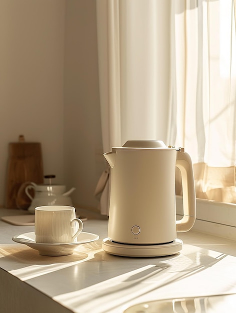 a white coffee pot sits on a table next to a coffee pot