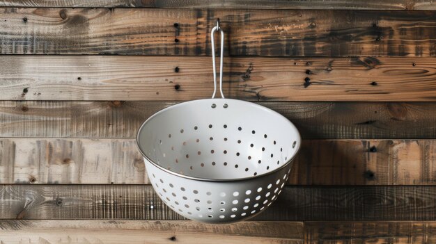 A white colander is hung on a wooden wall ready for use