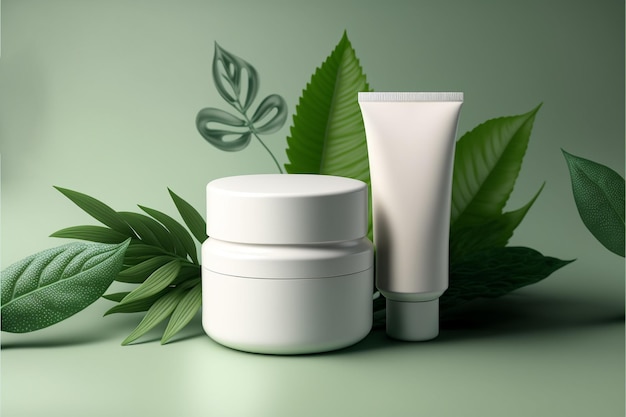 White color blank skincare tube and blank skincare jar on flat design a lot of space 3d background product display podium scene with nature background