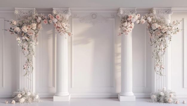 Photo white columns decorated with flower arrangements