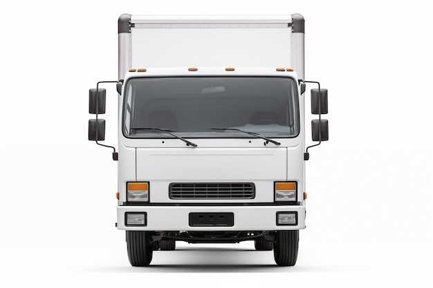 White commercial delivery truck on a white background with shadow Front view close up