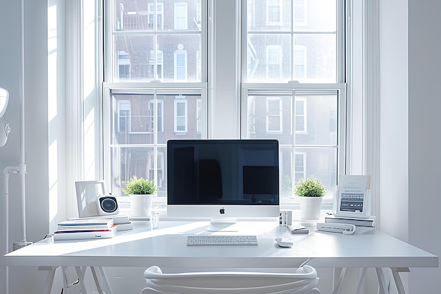 White computer desk sitting near window