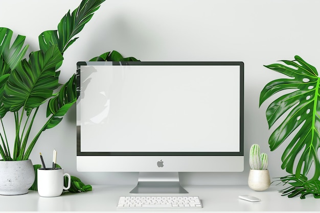 a white computer monitor with a green plant in the corner