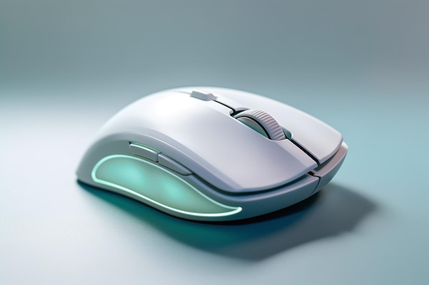 A white computer mouse with a green light on the bottom.