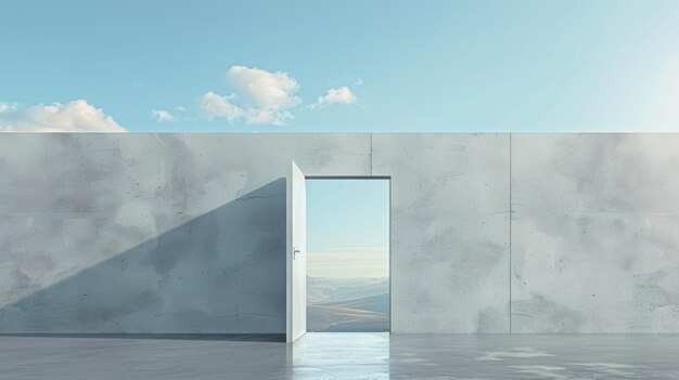 White concrete wall with open door surrounded by scenic landscape in imaginary room concept