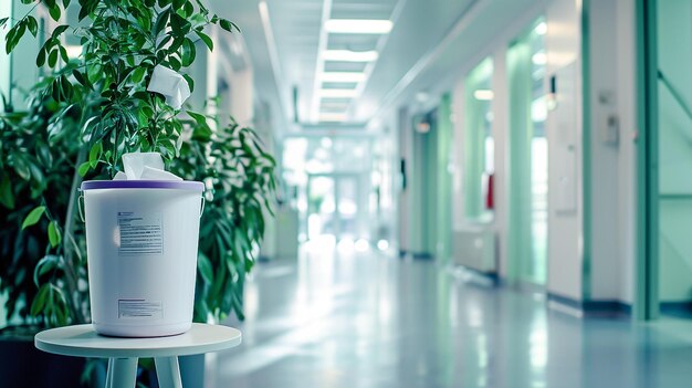 Photo a white container of disinfectant wipes in a hospital hallway