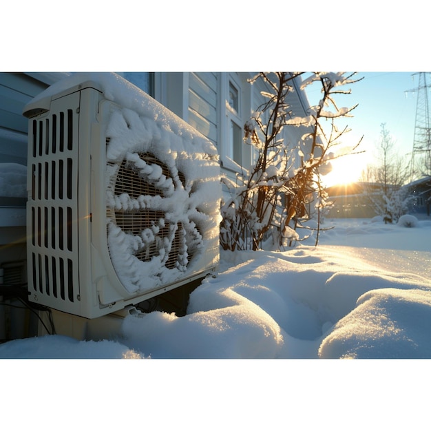 Photo a white container with a snow covered tree in the background