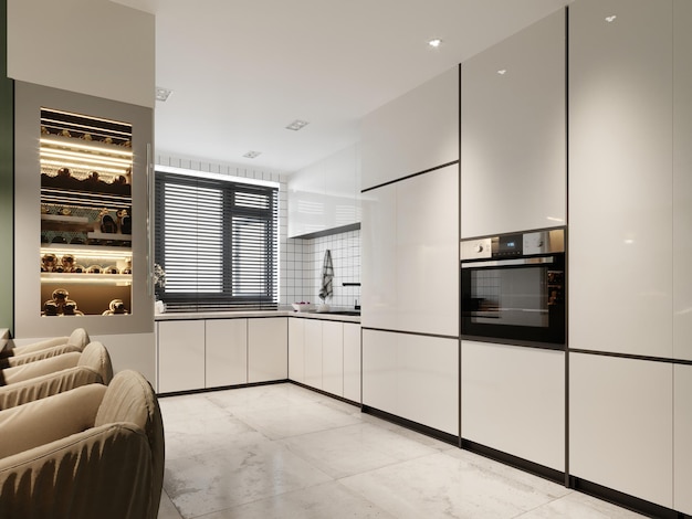 A white contemporary kitchen with glossy paneling and green and white walls with a wine rack and builtin appliances 3D rendering