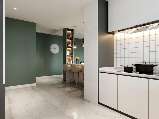 A white contemporary kitchen with glossy paneling and green and white walls with a wine rack and builtin appliances 3D rendering