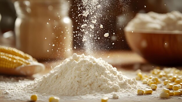 Photo white corn flour sprinkling macro shot flour cloud baking ingredients powdery texture action shot so