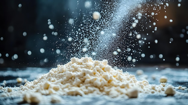 Photo white corn flour sprinkling macro shot flour cloud baking ingredients powdery texture action shot so