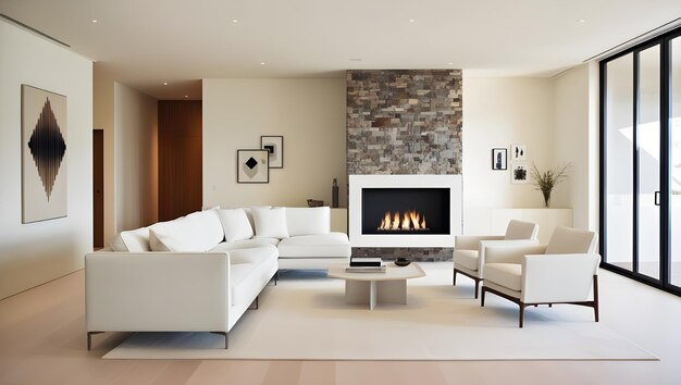 White corner sofa near fireplace Scandinavian home interior design of modern living room