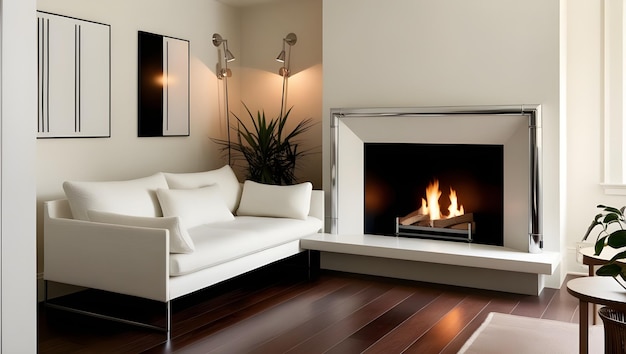 White corner sofa near fireplace Scandinavian home interior design of modern living room