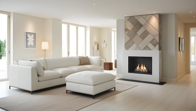 White corner sofa near fireplace Scandinavian home interior design of modern living room