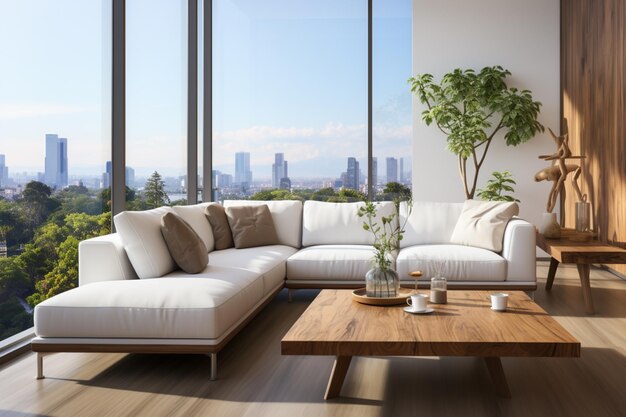 White corner sofa and rustic wooden coffee table against floor to ceiling window in modern interior