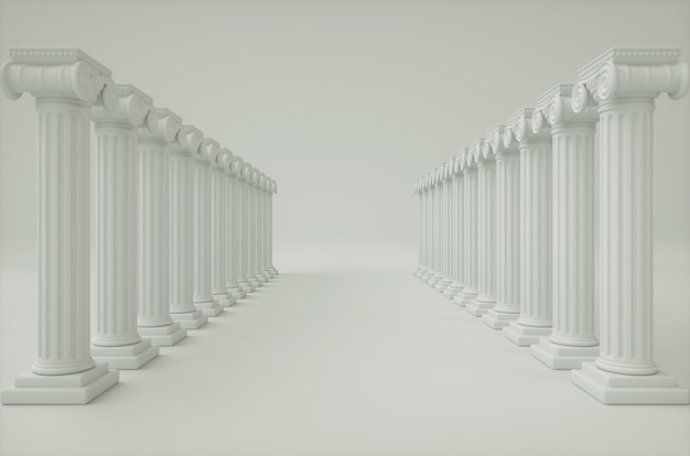 White corridor with acnient columns.  3d render background.