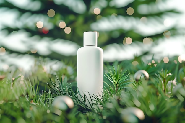 White cosmetic bottle surrounded by green pine needles and holiday decorations with blurred Christma