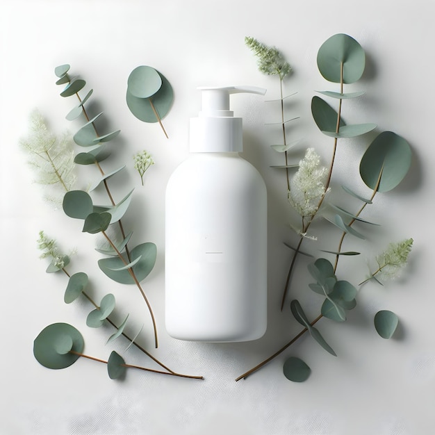 Photo white cosmetic bottle with eucalyptus branches