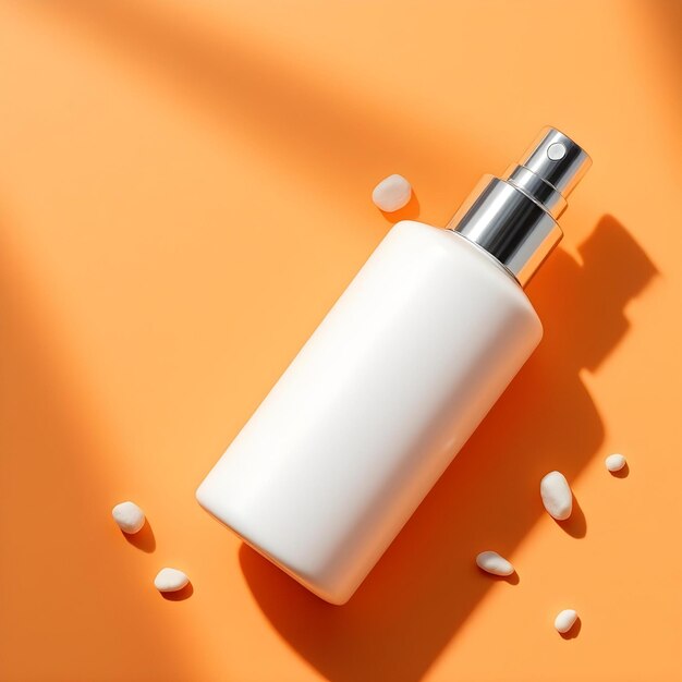 Photo white cosmetic bottle with silver spray nozzle on orange background