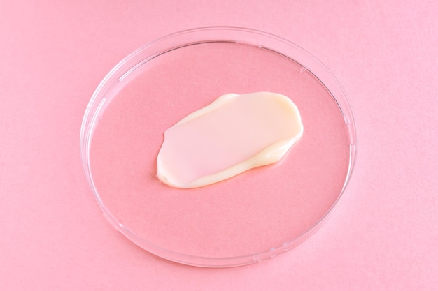 White cosmetic face cream or body lotion moisturizer strokes on pink background in petri dish Hygiene skincare product with creamy texture Beauty face creme smear swatch on color background