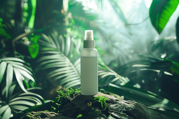 A white cosmetic spray bottle placed on a mosscovered rock in a lush green jungle environment with sunlight filtering through the leaves